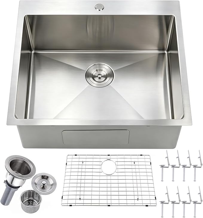 25 x 22 Inch Drop In Kitchen Sink, Topmount Stainless Steel Brushed Nickel Single Bowl Kitchen Sink, Extra-thick 16 Gauge For RV Laundry Utility with Dish Grid and Basket Strainer