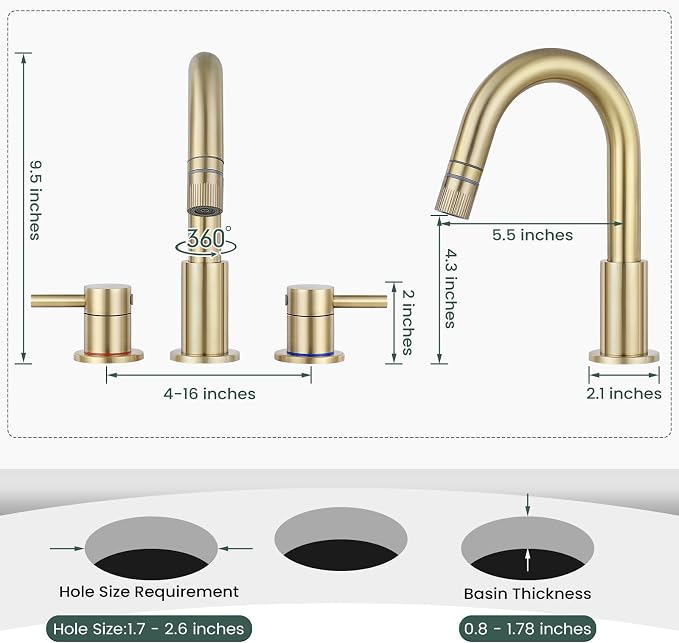 8 Inch Bathroom Faucet 3 Hole Gold Pull Down Bathroom Sink Faucet | Stainless Steel,Two Water Flow Modes,Brushed Nickle,3 hole Widespread,Pop-up Drain,Water Supply Hoses,Pull Down Sprayer,