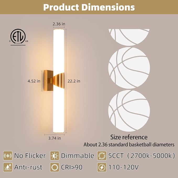 22" Gold Bathroom Vanity Lights, Wall Sconce with Acrylic Shade | Modern Wall Light for Bathroom Bedroom Living Room Hallway