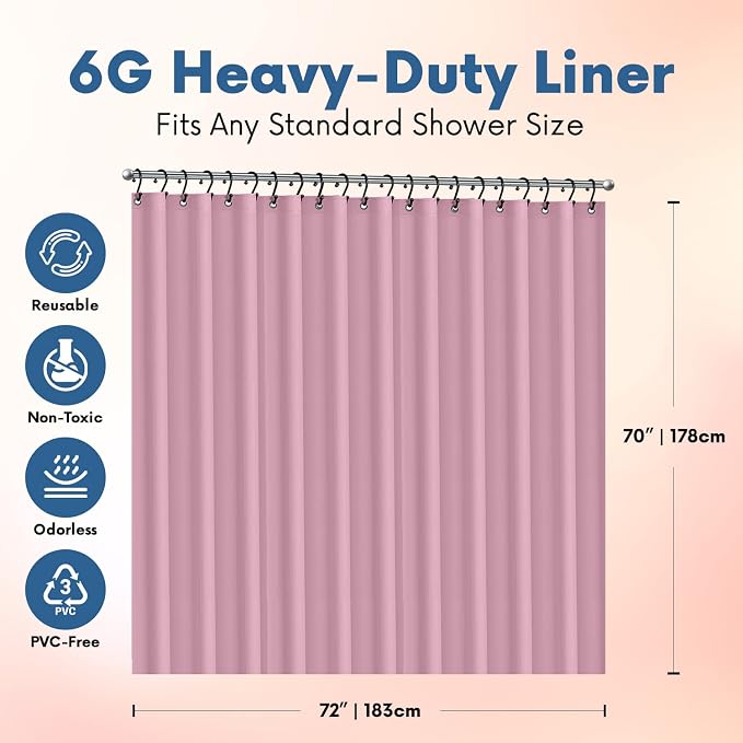 No Smell Shower Curtain Liner 72x72 Pink - PEVA Plastic Shower Curtain for Bathroom, PVC-Free Waterproof Pink Shower Liner with Metal Grommets and Magnet-Weighted Bottom Hem - Washable Liner