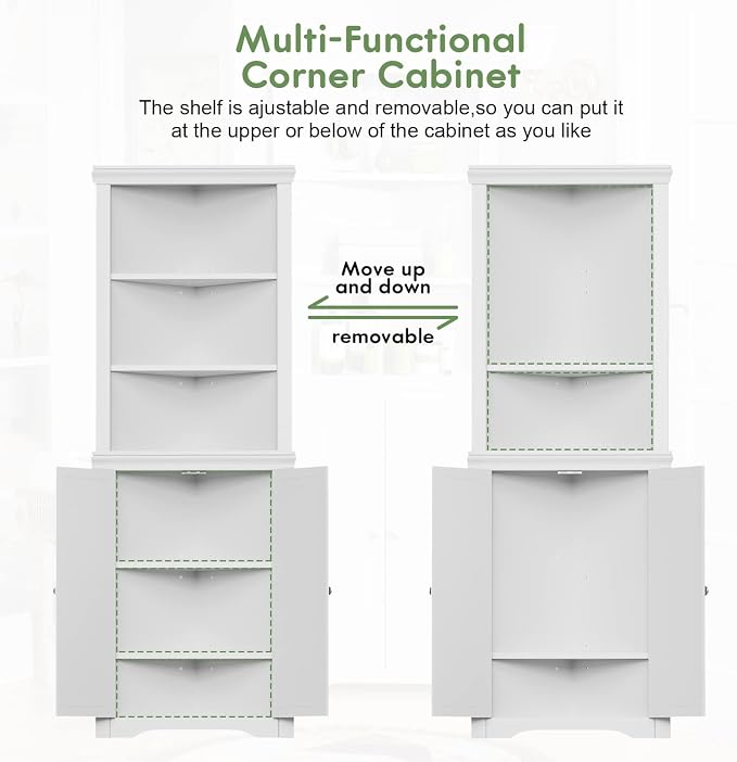 YESHOMY Corner Cabinet, Storage Cupboard with Doors, White | Tall Storage Cabinet with Adjustable Shelves, for Living Room, Bathroom, Kitchen