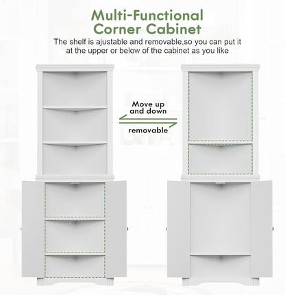 YESHOMY Corner Cabinet, Storage Cupboard with Doors, White | Tall Storage Cabinet with Adjustable Shelves, for Living Room, Bathroom, Kitchen