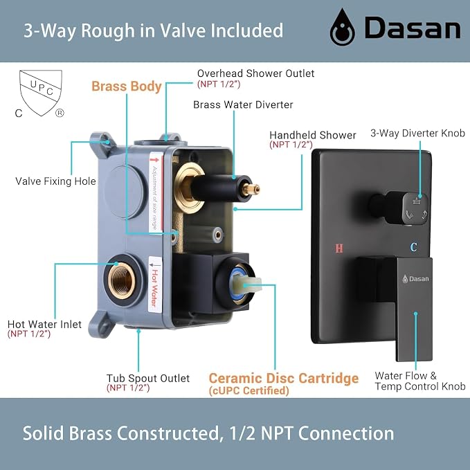 DASAN Tub Shower Faucets Sets Complete Matte Black Bathtub Shower System with Tub Spout, Bathtub Faucet Set Tub and Shower Faucet Combo Trim Kit with Rough-in Valve