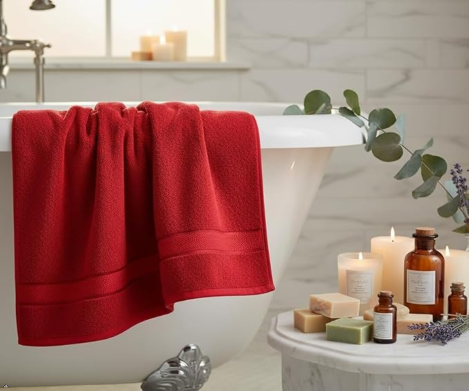 6 Piece 100% Cotton Bath Towel Set -2 Bath -2 Hand -2 Face, Red | 100% Cotton • Thick & Plush • Hotel Quality • Ultra Soft • Highly Absorbent • Quick Dry • Low Lint • Machine Washable