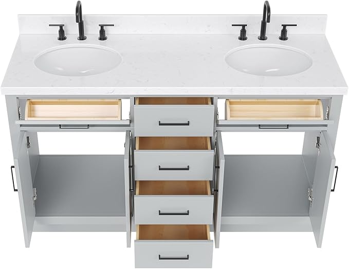 ARIEL Hepburn 60-inch Bathroom Vanity with Sink,Solid Wood, 1.5-inch Carrara White Quartz Countertop & Backsplash, Double Oval Porcelain Sink, 4 Soft Closing Doors, 6 Dovetail Drawers, Grey