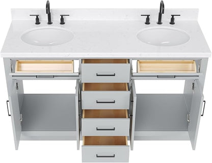 ARIEL Hepburn 60-inch Bathroom Vanity with Sink,Solid Wood, 1.5-inch Carrara White Quartz Countertop & Backsplash, Double Oval Porcelain Sink, 4 Soft Closing Doors, 6 Dovetail Drawers, Grey