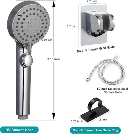 GwernKB Handheld Shower Head with Hose and On Off Switch,Water Saving | 3 Mode High Pressure Spray,for RV Camper,Bathroom,No Drilling Wall Mount Adhesive Shower Holder,Hose Guide Ring,Silver