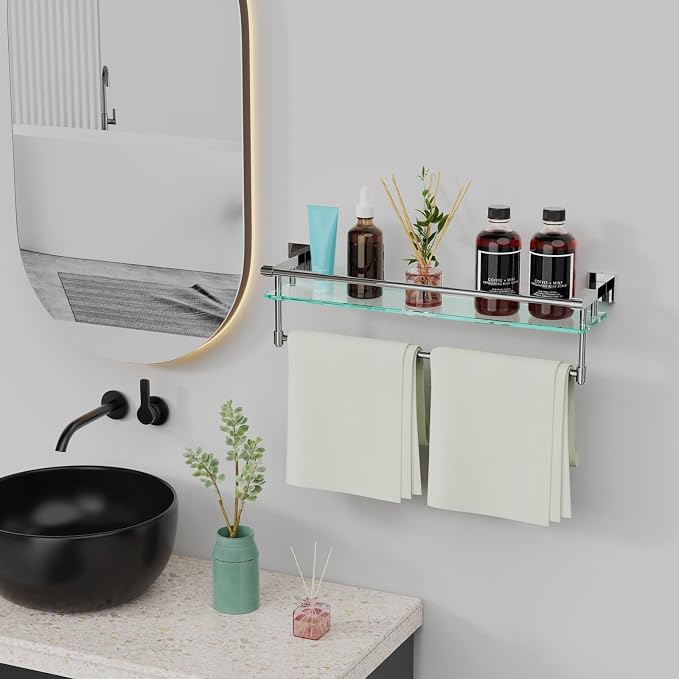 24 Inches Floating Glass Shelves for Wall with Towel Bar/Track, SUS 304 Stainless Steel Railing Tempered Glass Shelf, for Toilet, Room Decor Modern (Chrome Polished, 24-inch)