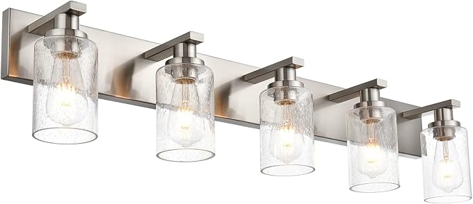 Bathroom Lights Fixtures Over Mirror, Brushed Nickel Vanity Lighting with 5 Seeded Glass Lampshades for Kitchen Living Room
