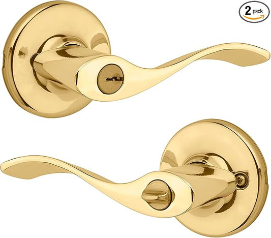 Kwikset Balboa Entry Door Handle with Lock and Key, Secure Keyed Reversible Lever Exterior, for Front Entrance and Bedrooms, Polished Brass, Pick Resistant Smartkey Rekey Security