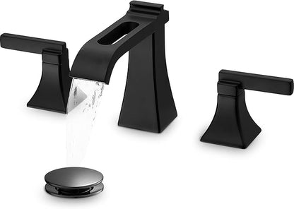 Matte Black Waterfall Bathroom Faucet 3 Hole, Brass 8 Inch Widespread Bathroom Sink Faucet Included Pop-Up Drain, 2 Handles & Pre-Connected cUPC Hose for Vanity, Modern Hollowed Design