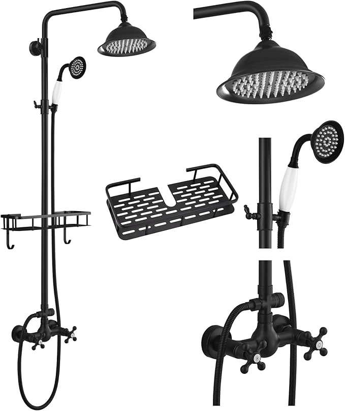 gotonovo Matte Black 8 inch Rainfall Shower Head Dual Functions Wall Mounted Exposed Shower Faucet with Shower Shelf Double Cross Handles With Adjustable Ceramics Handheld Sprayer Shower Shower System