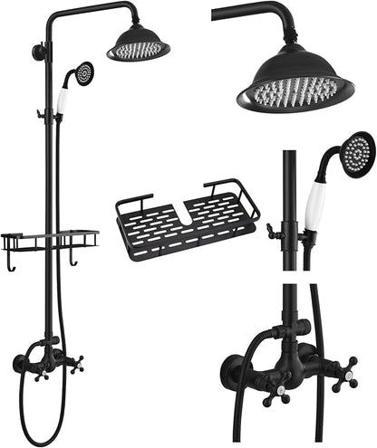gotonovo Matte Black 8 inch Rainfall Shower Head Dual Functions Wall Mounted Exposed Shower Faucet with Shower Shelf Double Cross Handles With Adjustable Ceramics Handheld Sprayer Shower Shower System