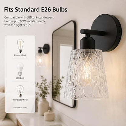 1-Light Black Bathroom Vanity Wall Sconces, 2-Pack Modern Fixtures with Textured Glass Shades and Stainless Steel Frame, E26 Sockets (Bulbs Not Included)