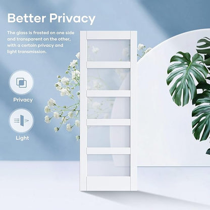 Double 32×80 Inch Glass Barn Door Slab and 11ft Hardware Kit Included, 5 Frosted Glass, LVL Wood Panel Covered with White Water-Proof Scratch-Proof PVC Surface, Simple DIY Assembly