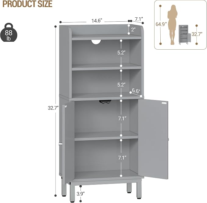 Hzuaneri Bathroom Storage Cabinet, Small Floor Cabinet with 2 Door | Toilet Paper Cabinets, Bathroom Organizer with Adjustable Shelf, for Small Spaces, Gray, Arch Door,7.1" Dx14.6 Wx32.7 H