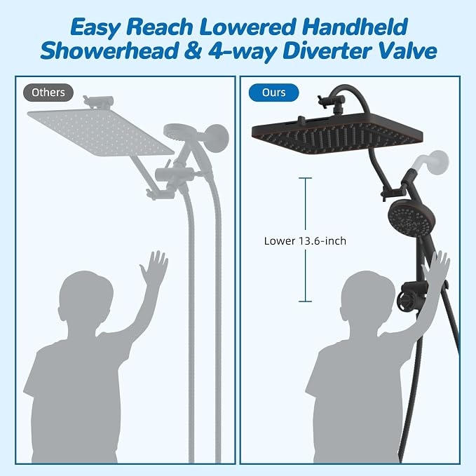 Hibbent cUPC Certified High Pressue 13'' Rainfall Shower Head with 5-Spray | Shower Heads with Handheld 10-Spray Combo, All Metal Easy Reach 4-way Diverter Arm, 71'' Hose & Holder, Oil-Rubbed Bronze