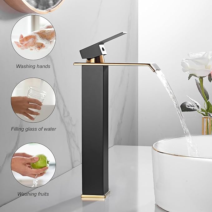 Matte Black Bathroom Faucet Golden Waterfall Vessel Sink Faucet Single Handle Bowl Vanity Sink Faucet Modern Single Hole Basin Bathroom Sink Faucet with Pop Up Drain and Faucet Supply Hose