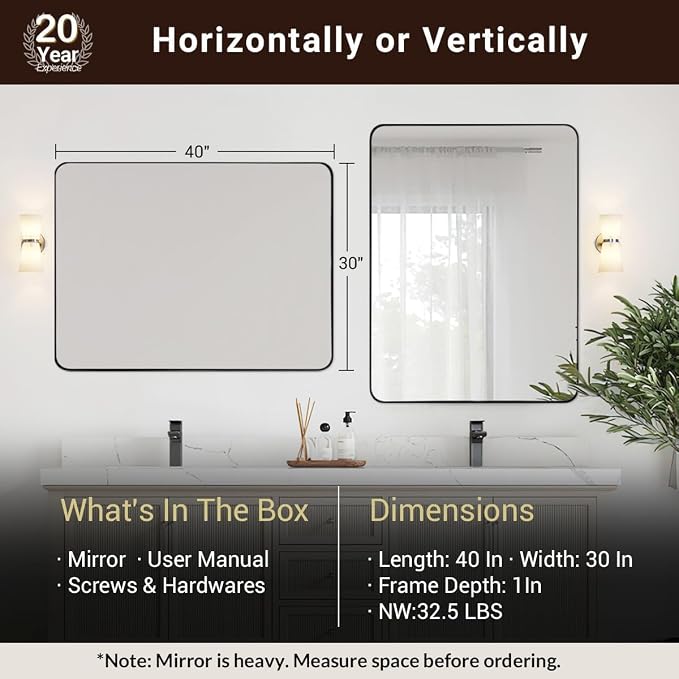 Wall Mirror for Bathroom, 30"x40" Black Bathroom Mirror, Modern Rounded Rectangle Metal Frame Mirror for Vanity, Matte Stainless Steel