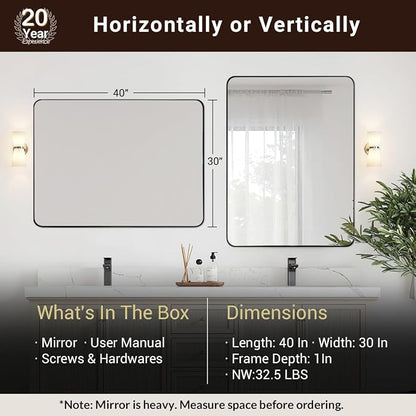 Wall Mirror for Bathroom, 30"x40" Black Bathroom Mirror, Modern Rounded Rectangle Metal Frame Mirror for Vanity, Matte Stainless Steel