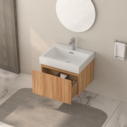 Floating Bathroom Vanity with Sink, Nature Soild Wood Cabinet with Ceramic Basin, Extra Large Storage Drawer & Pre-Assembled Vanities for Bathroom, Powder Room (Nature C Style, 24")