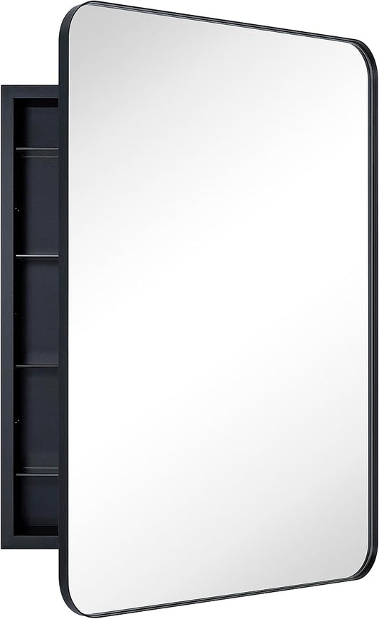 Matt Black Rectangle Recessed Bathroom Medicine Cabinet with Mirror Stainless Steel Metal Framed Rounded Rectangular Bathroom Cabinet with Mirror 24x36''
