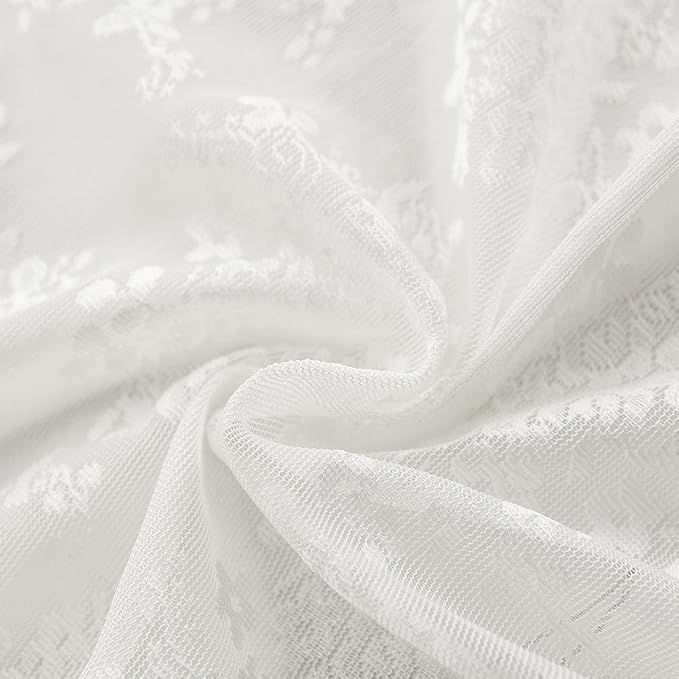 White Lace Shower Curtain 72x72, Vintage with Attached Valance, 1 Panel | Sheer White Shower Curtain with Floral Lace and Scalloped Trim Filters Soft Light for an Elegant Romantic Victorian Bathroom