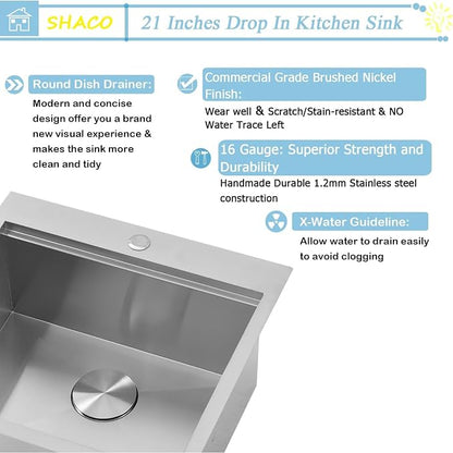 21 Inch Drop In Kitchen Sink, 21 x 20 Inch Top Mount 16 Gauge Stainless Steel Single Bowl Workstation RV Small Kitchen Outdoor Laundry Wet Prep Sink with Accessories