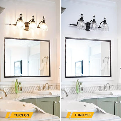 Matte Black Bathroom Vanity Light, Farmhouse Bathroom Light Fixtures Over Mirror, 3 Light Vanity Lighting Fixtures, Flower Glass Shade Wall Sconce Lighting