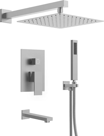 Shower Tub Faucet Set, 10" Bathroom Rainfall Shower Head Fixtures Combo with Handheld Spray and Tub Spout, Brushed Nickel (Valve Included)