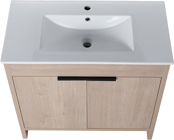 SSLine 36-Inch Bathroom Vanity with Sink Mid-Century Bathroom Vanities with Top Basin Floor Wood Bathroom Sink Cabinet with Soft-Close Doors & Adjustable Storage Shelves (Light Oak)