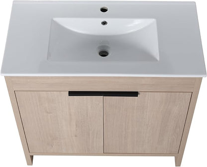 SSLine 36-Inch Bathroom Vanity with Sink Mid-Century Bathroom Vanities with Top Basin Floor Wood Bathroom Sink Cabinet with Soft-Close Doors & Adjustable Storage Shelves (Light Oak)