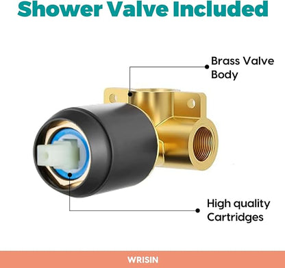 Black Shower Faucet Set with Valve, Black Shower Head and Handle Set 6 Inch Showerhead