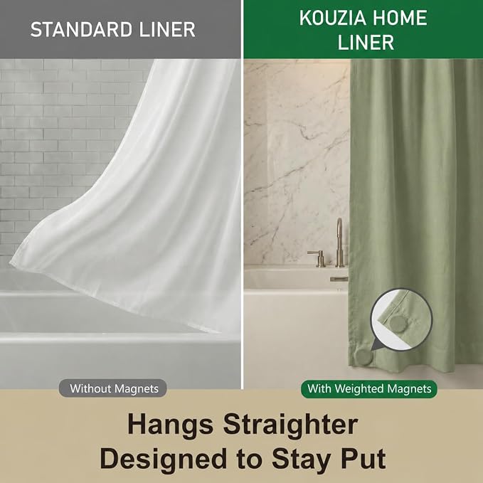 Waterproof Fabric Shower Curtain Liner, TPU Coated, PEVA-Free & Odorless, Hotel Quality, 3 Magnets, Rust-Proof Metal Grommets, Machine Washable, Sage Green, 72x72 Inch