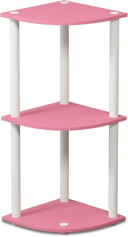 Furinno TURN-N-TUBE Corner Shelf, 3-Tier Corner Bookshelf, Display Storage Shelves with Open Shelves, for Organization and Storage, Living Room, Home Office, Garage, Pink