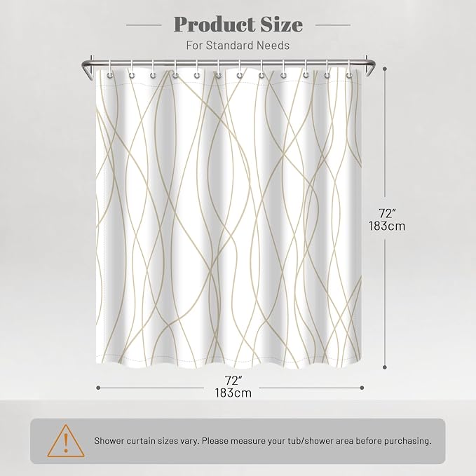 Striped Shower Curtain for Bathroom, Beige Khaki, 72" W x 72" L | with Hooks, Modern Hotel Style, Water Repellent, Washable, Weighted Hem