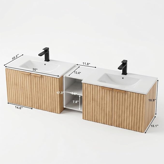 72 Inch Floating Bathroom Vanity with Double Sink, Bathroom Double Sink Cabinet with Soft Close Door Waterproof Storage, Wood Color(wt)
