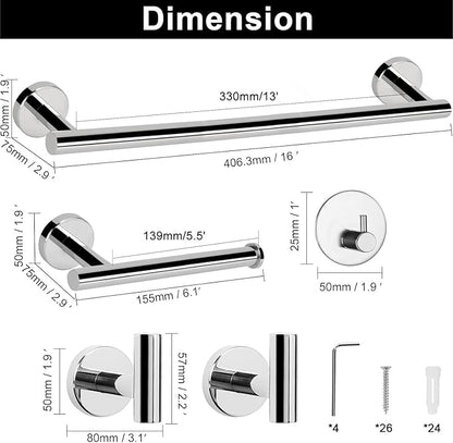 NearMoon Bathroom Hardware Set SUS 304 Thicken Stainless Steel-Towel Bar Set Include 16" Towel Rod, Toilet Paper Holder, Multifunctional Hooks Bathroom Accessories (Chrome Finish, 10 Pcs)