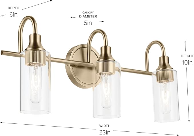 Kichler Kavi 23" 3-Light Vanity Light with Clear Glass in Champagne Bronze, Damp Rated, for Bathroom, Powder Room, Over a Mirror, (23" W x 10" H), 55211CPZ