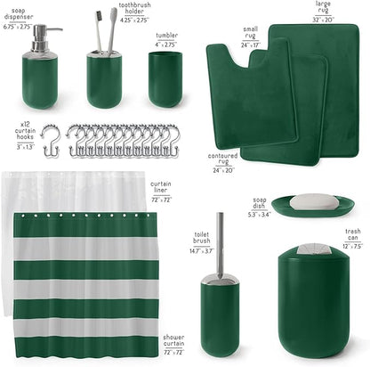 Clara Clark Bathroom Set - Green Bathroom Accessories Set, Bathroom Sets with Shower Curtain and Rugs, 23PC Shower Curtain Set with Liner, Soap Dispenser, Soap Dish, Toilet Brush Holder, and Trash Can