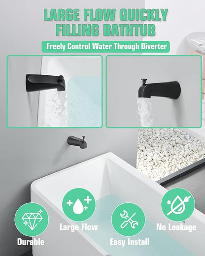 Tub Spout with Diverter, Slip On Bathtub Spout Fits 1/2'' Copper Tube(5/8'' Dia), Bathroom Tub Faucet with PTFE Tape & Hex Wrench, Matte Black