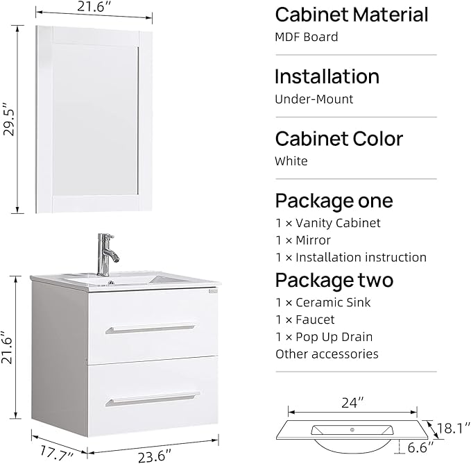 wonline 24" White Wall Mounted Bathroom Vanity Set Two Drawers Storage Cabinet with Ceramic Vessel Sink and Mirror Combo Chrome Faucet