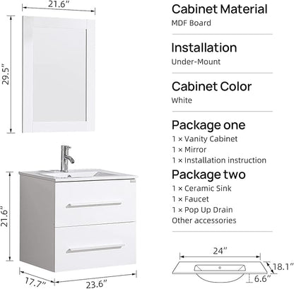 wonline 24" White Wall Mounted Bathroom Vanity Set Two Drawers Storage Cabinet with Ceramic Vessel Sink and Mirror Combo Chrome Faucet