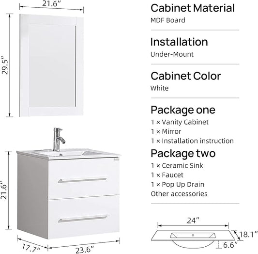 wonline 24" White Wall Mounted Bathroom Vanity Set Two Drawers Storage Cabinet with Ceramic Vessel Sink and Mirror Combo Chrome Faucet