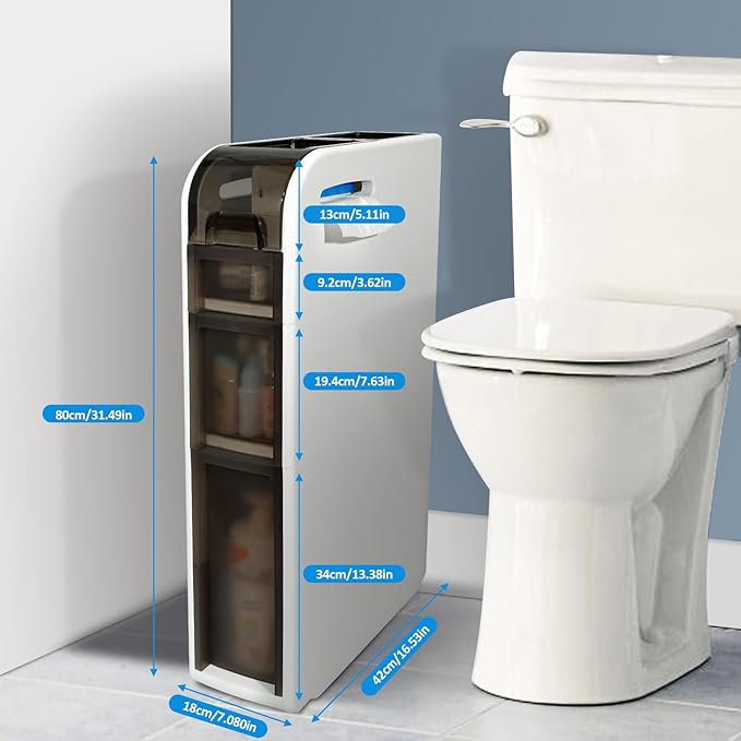 3-Tier Bathroom Floor Cabinet, Narrow Bathroom Storage Cabinet, Mobile and No Installation Required, Perfect for Small Space Laundry Rooms, Toilet Areas, and Living Room Gaps