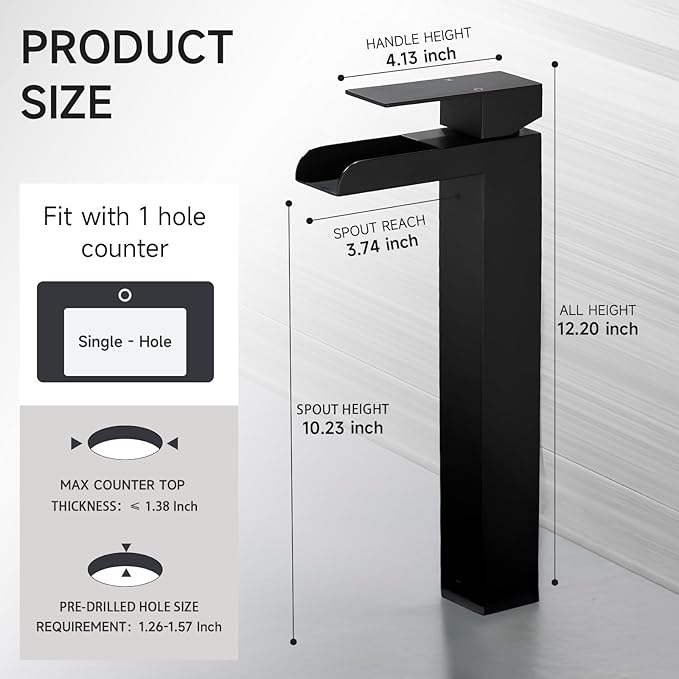 Black Tall Waterfall Bathroom Faucet, Single Hanlde Vessel Sink Faucet with Waterfall Spout, Bathroom Faucets for 1 Hole, RV Lavatory Vanity Mixer Bar Tap with Pop Up Drain and Hoses KMBF015B