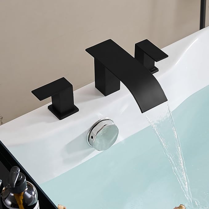 RUMOSE Roman Bathtub Faucet Set Waterfall Tub Faucets Matte Black | High Flow Widespread 6-16 Inch 3 Holes Deck Mount Tub Filler 2 Handles Bathtub Filler Soaking Bath Faucet