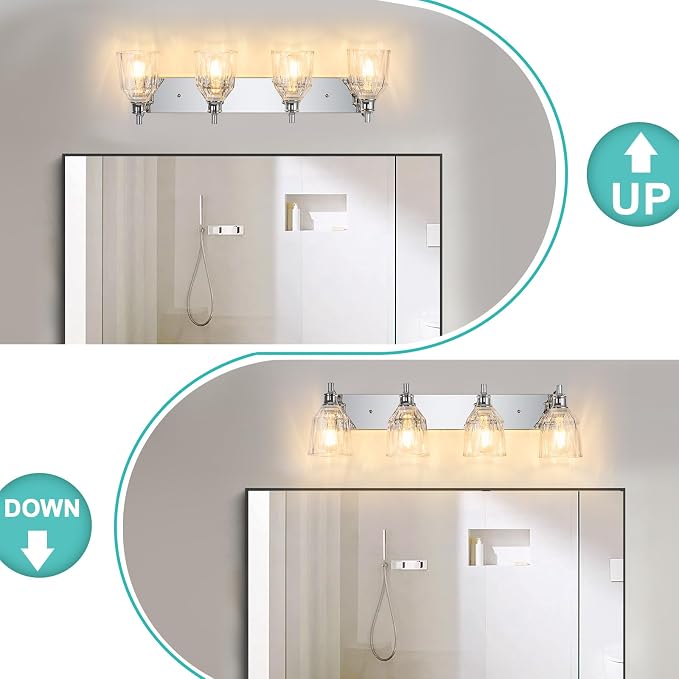 4 Light Bathroom Light Fixtures Modern Chrome Vanity Lights for Bathroom Lighting Fixtures Over Mirror with Thickened Glass Shade for Cabinet Mirror Bedroom Hallway