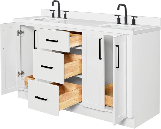 ARIEL Loren 60-inch Bathroom Vanity with Sink,Solid Wood, 1.5-inch Pure White Quartz Countertop, Double Rectangular Porcelain Sink, 4 Soft Closing Doors, 3 Dovetail Drawers, White