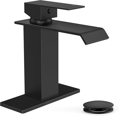 FORIOUS Bathroom Faucet Matte Black Modern Waterfall Bathroom Sink Faucet 1 or 3 Hole Single Handle with Deck Plate and Drain, Suitable for Vanity Rv Camper Commerical